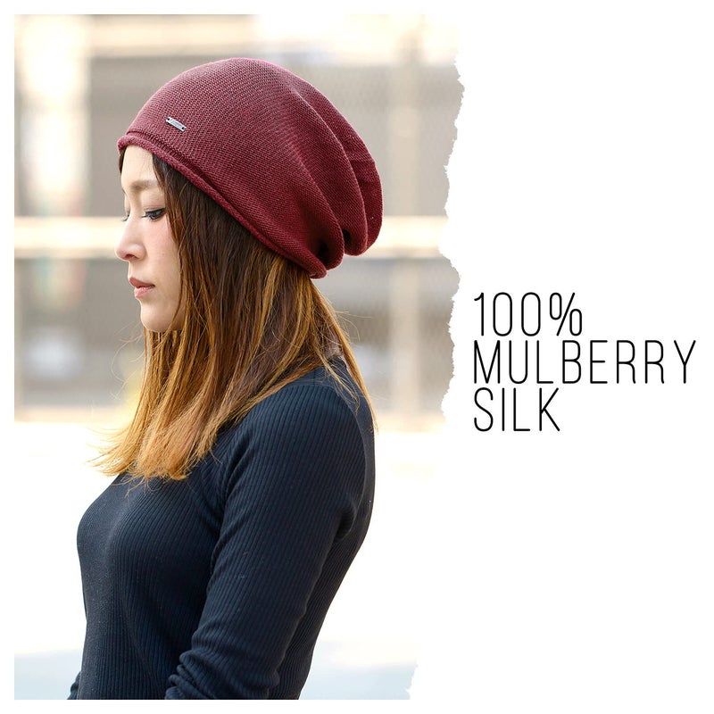 CHARM Men Slouchy Silk Beanie Hat - Women Slouch Chemo Cap Skull Knit Beanies Black - Image 2